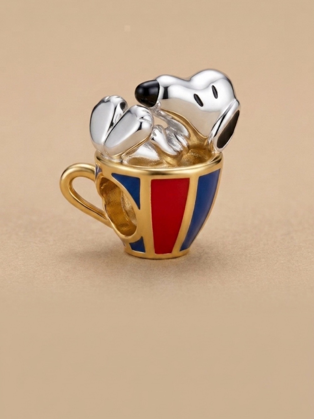Snoopy in Teacup Enamel Charm - Gold, Red & Blue